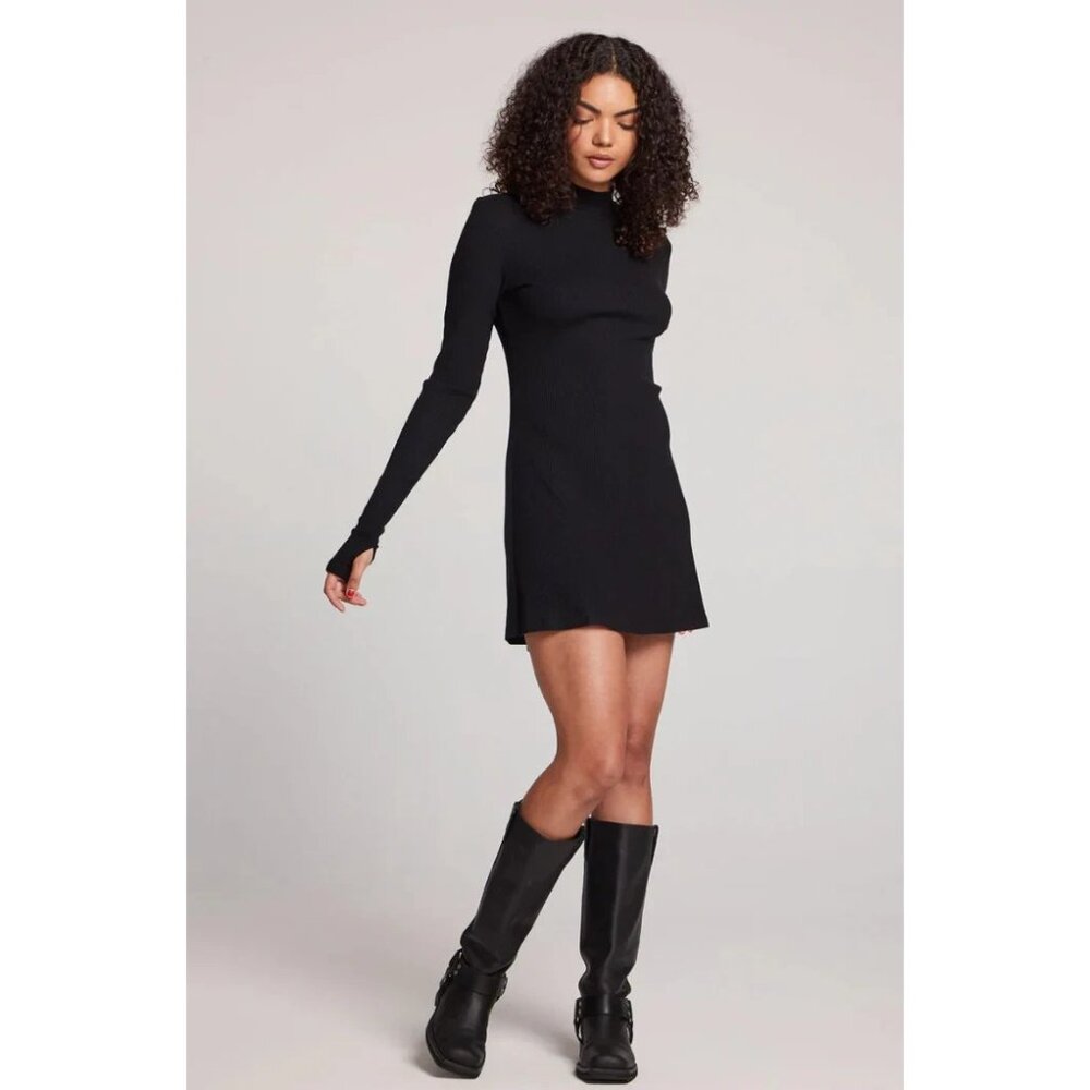 Chaser Jasmi Licorice Mini Dress Black Ribbed Long Sleeve Size S NWT
